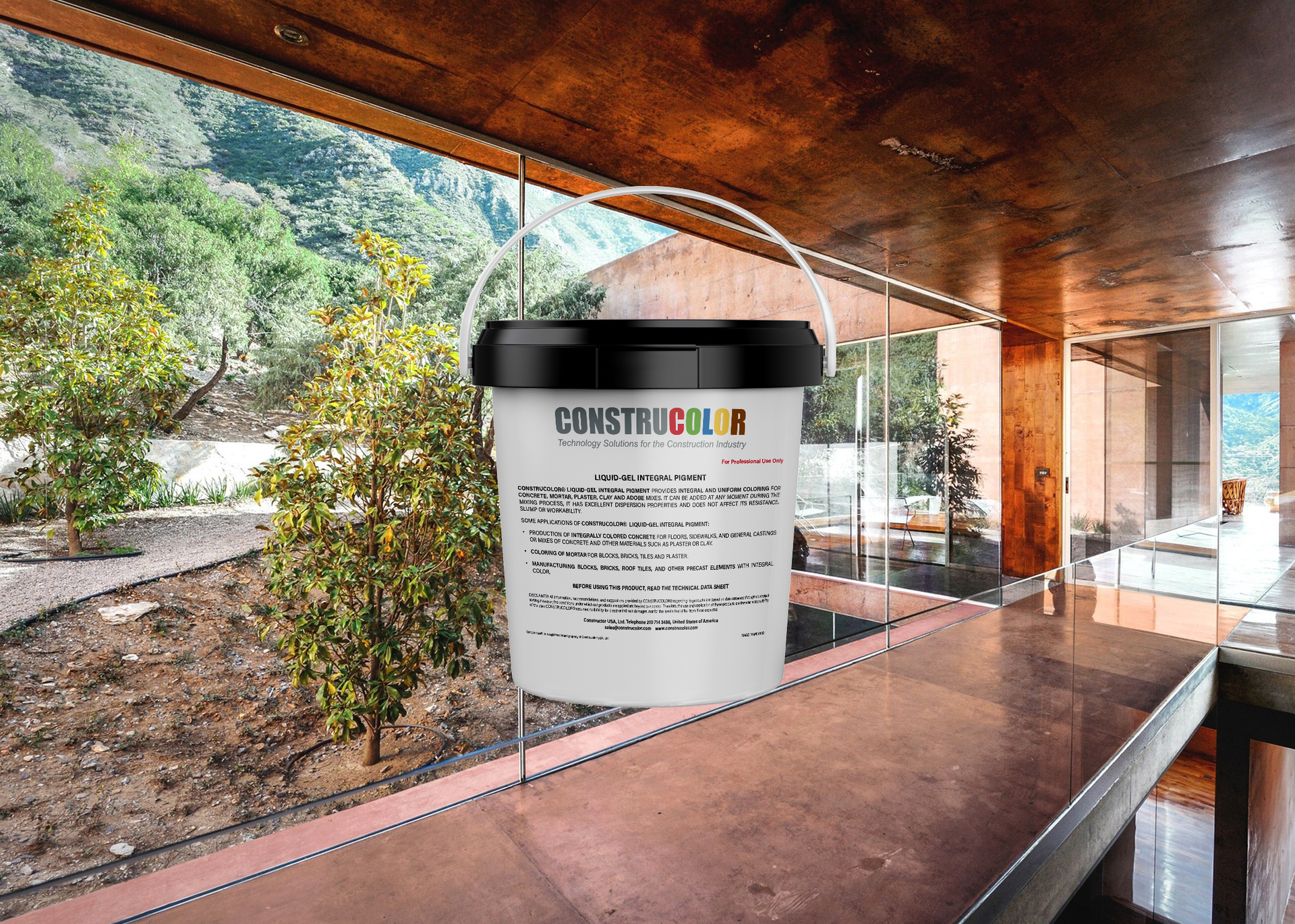 Exterior architectural space with concrete finishes, integrated lighting, and Construcolor signage