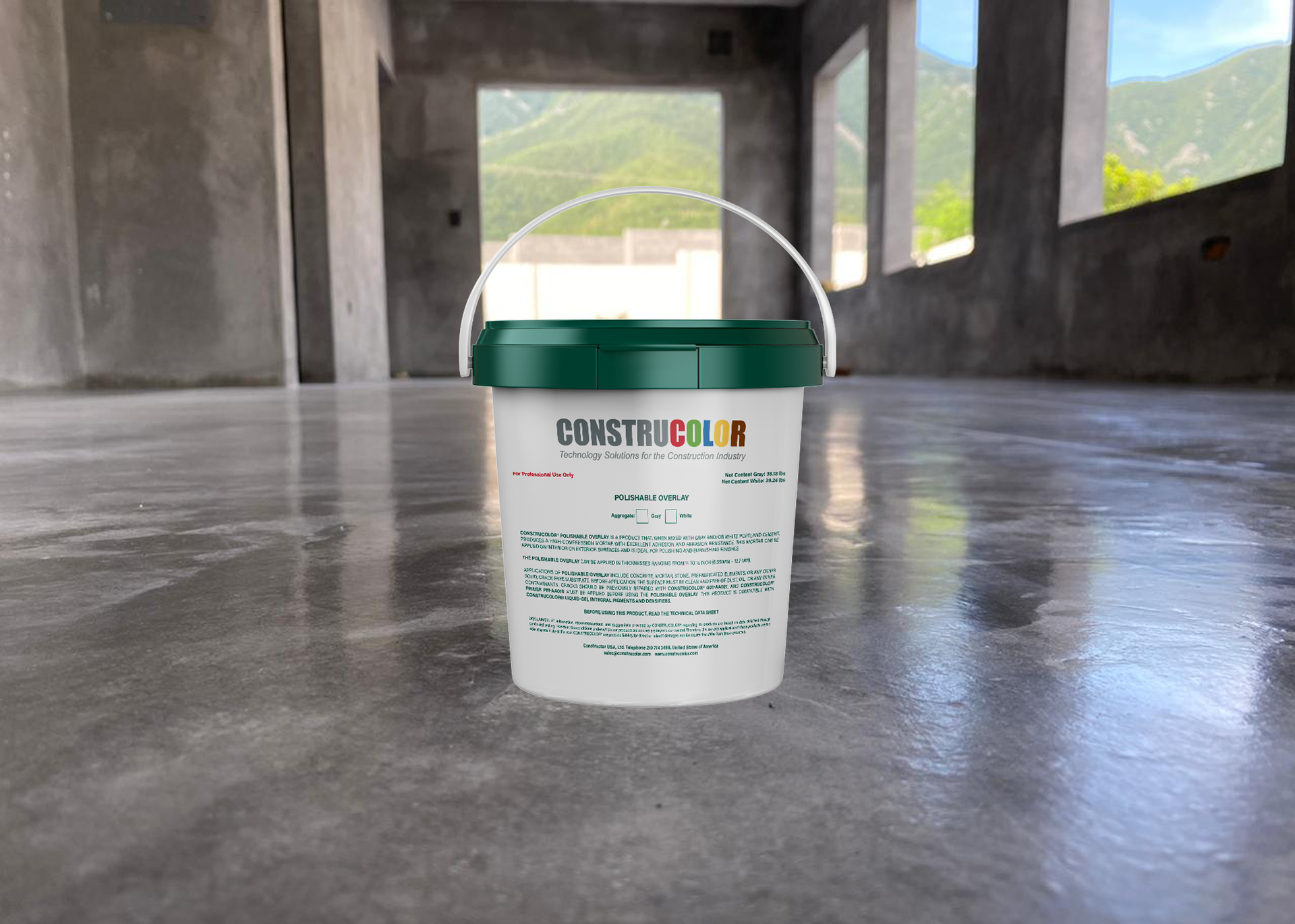 Construcolor Polishable Overlay container over concrete floor in architectural interior
